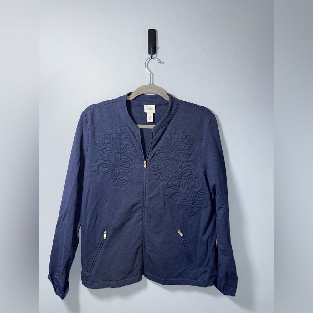Weekends by Chicos Navy Blue Floral Embroidered Zip Up Jacket Size 1 (8/10) EUC